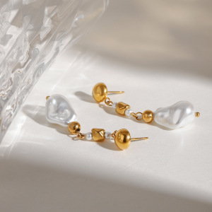Boucles D'Oreilles À Perles Pour Femme, Collection Romantique, En Acier Inoxydable Doré, Imperméables, De Forme Irrégulière Et Raffinée. h5 Image5