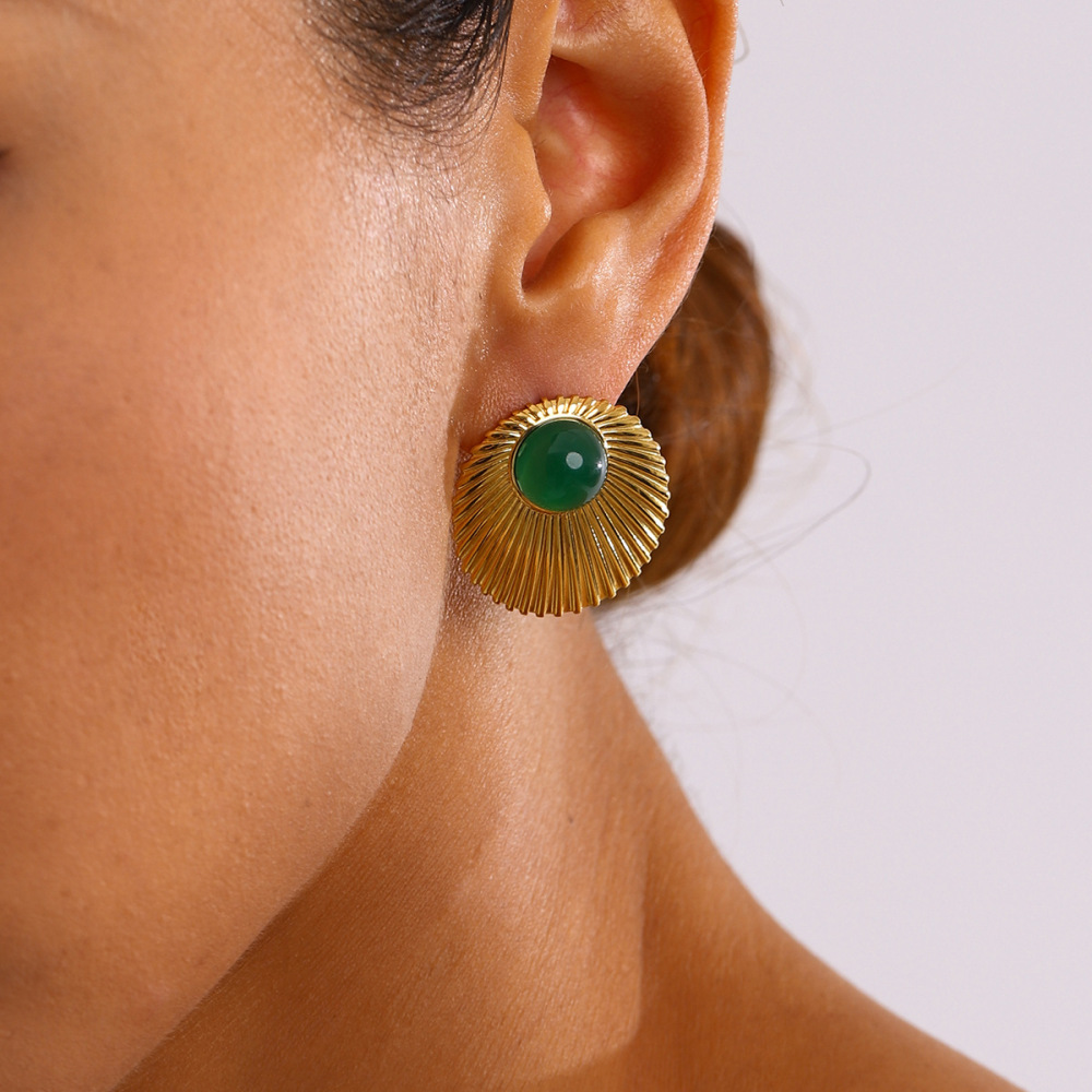 1 Paire De Boucles D'Oreilles Puces Classiques Vintage Annulaires En Acier Inoxydable Doré Étanche Avec Pierre Naturelle, Collection Luxe Pour Femmes Image7