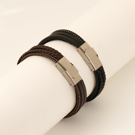 1 paire de bracelets multicouches tissés à la main pour hommes, bijoux en acier inoxydable, bracelet en cuir et corde, bracelet unisexe pour hommes