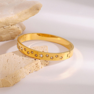 Bracelet Jonc Femme Élégant, Rond, Pentagramme, En Acier Inoxydable, Étanche, Couleur Or (1 Pièce) h5 Image4