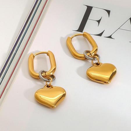 1 paire de boucles d'oreilles pendantes pour femme, style classique cœur, en acier inoxydable étanche, coloris or et argent. Collection moderne.