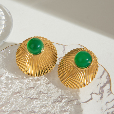 1 paire de boucles d'oreilles puces classiques vintage annulaires en acier inoxydable doré étanche avec pierre naturelle, collection luxe pour femmes