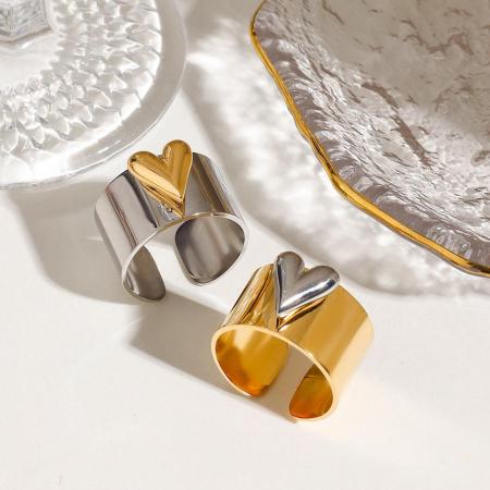 1 paire de bagues ajustables pour femme, collection romantique en forme de cœur, en acier inoxydable imperméable, coloris or et argent.