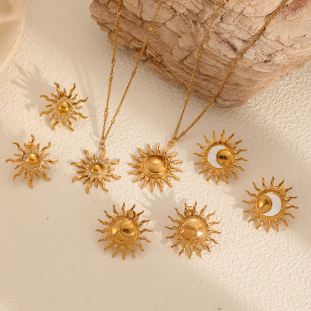 Ensemble de 1 paire de boucles d'oreilles pour femme, collection Charming Series, délicates boucles d'oreilles en forme de soleil, en acier inoxydable étanche, couleur or. 2