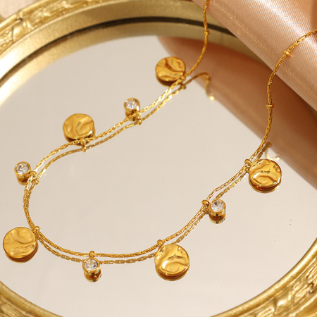 Collier pendentif femme de luxe, forme ronde, en acier inoxydable, étanche, couleur or, 1 pièce. 2