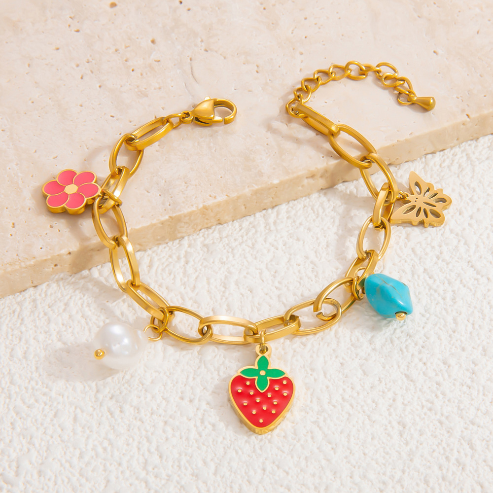 Bracelet À Breloques Pour Femme, Collection Romantique, Motif Floral Éclatant, Finition Huilée, Acier Inoxydable Chromé, Étanche, Couleur Or (1 Pièce). Image11