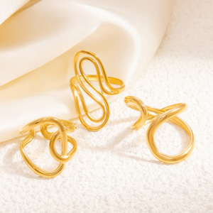 Bague Ajustable Pour Femme, Style Classique Asymétrique Torsadé, En Acier Inoxydable Étanche Couleur Or (1 Pièce), Collection Moderne. h5 Image8