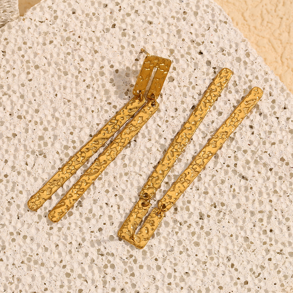 Boucles D'Oreilles Pendantes Élégantes Géométriques En Acier Inoxydable Doré, Étanches, Collection Classique, Pour Femme (1 Paire). Image6