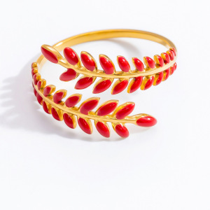 Bague Ajustable Pour Femme, En Acier Inoxydable Doré, Finition Huilée, Motif Branche D'Olivier, Collection Chromatic Series Vivid Olive Branch. h5 Image7