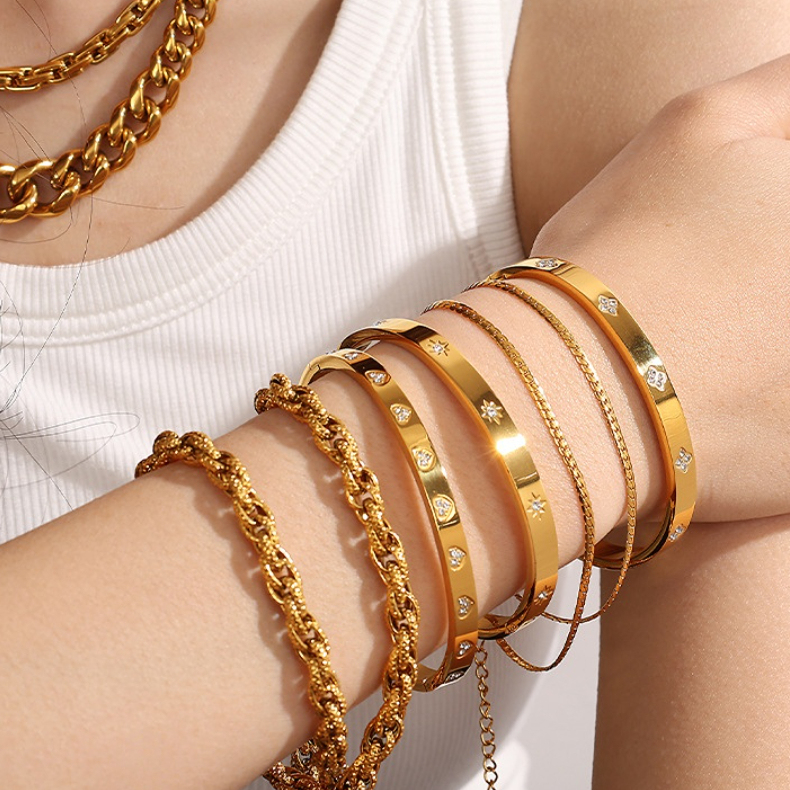 Bracelet Pour Femme, 1 Pièce, Série Exquise, Hexagramme Brillant, Acier Inoxydable, Étanche, Couleur Or h5Image5