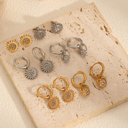 1 paire de boucles d'oreilles pendantes pour femme, élégantes et raffinées, en forme de soleil, en acier inoxydable doré et zircon, de la collection Exquisite Series. 2