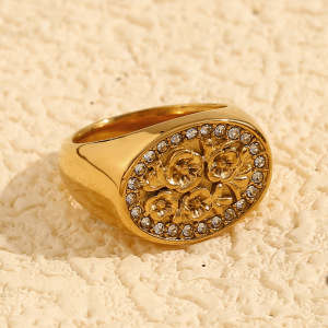Bague Chevalière Pour Femme, En Acier Inoxydable Doré, Ornée D'Une Fleur Naturelle (1 Pièce), Collection De Luxe. h5 Image6