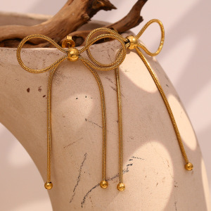 Boucles D'Oreilles Pendantes Pour Femme, Collection Romantique, Nœud Papillon, En Acier Inoxydable Étanche, Couleur Or (1 Paire). h5 Image6
