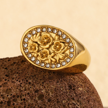 Bague chevalière pour femme, en acier inoxydable doré, ornée d'une fleur naturelle (1 pièce), collection de luxe.