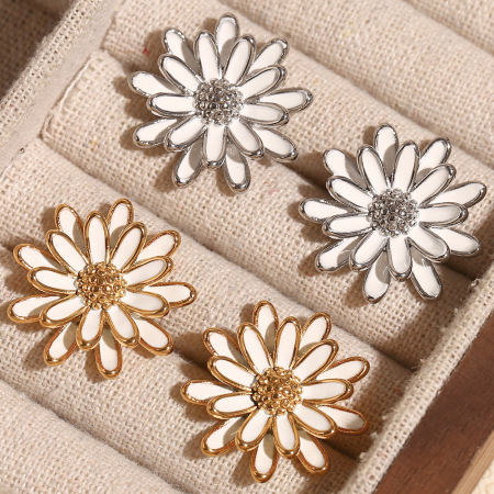 Boucles d'oreilles puces pour femme, collection romantique, motif fleurs naturelles, en acier inoxydable, couleur or, étanches. 2