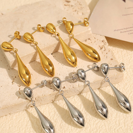 Boucles d'oreilles pendantes pour femme, style minimaliste chic, forme irrégulière en goutte, en acier inoxydable étanche, couleur or (1 paire). 2
