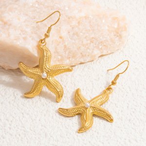 Boucles D'Oreilles Pendantes Pour Femme, Collection Romantique, Motif Étoile De Mer, En Acier Inoxydable Doré, Étanches, En Forme D'Étoile De Mer. 1 Paire h5 Image7