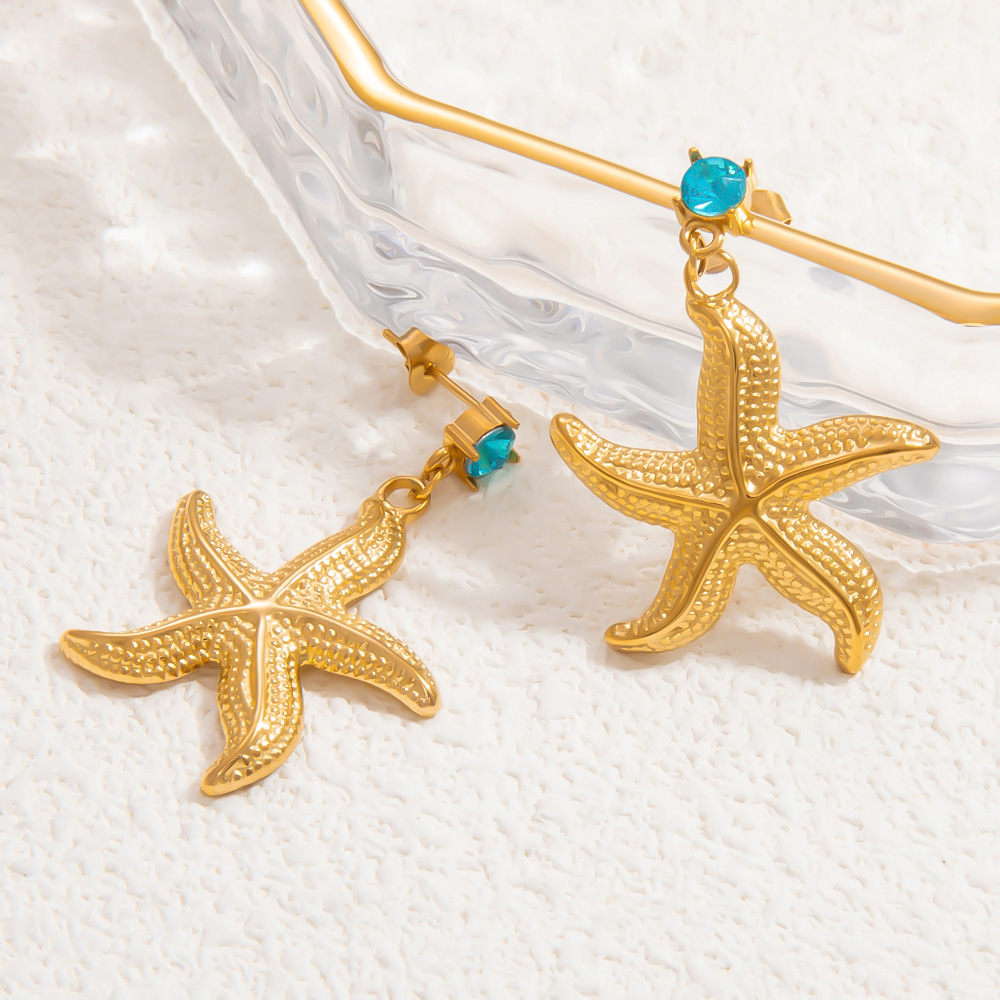Boucles D'Oreilles Pendantes Pour Femme, Collection Romantique, Motif Étoile De Mer, En Acier Inoxydable Doré, Étanches, En Forme D'Étoile De Mer. 1 Paire Image6