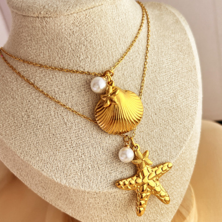 Collier Pendentif Femme En Acier Inoxydable Doré, Motif Étoile De Mer Éclatante, Collection Vacances (1 Pièce) 2