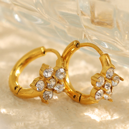 1 paire de boucles d'oreilles créoles pour femme, en acier inoxydable doré, étanches, en forme de fleur brillante, de la série Luxueuse 2