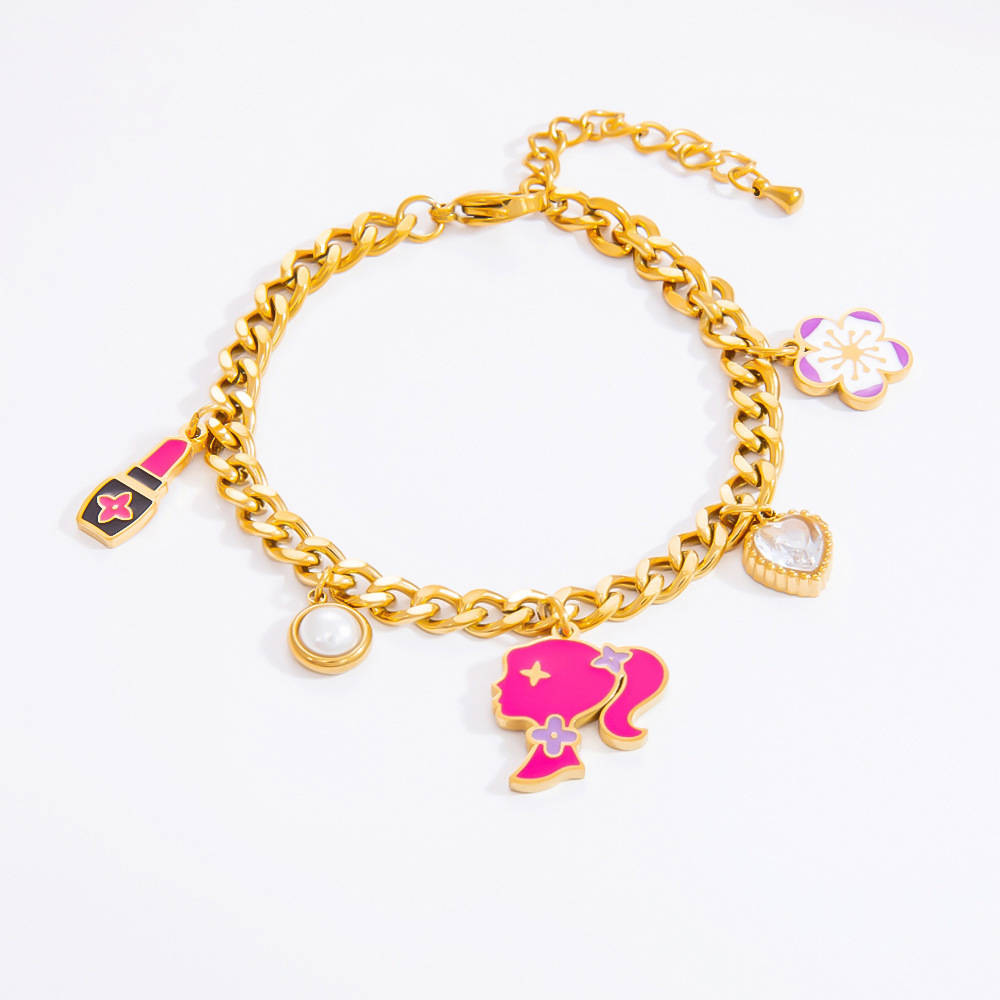 Bracelet À Breloques Pour Femme, Collection Romantique, Motif Floral Éclatant, Finition Huilée, Acier Inoxydable Chromé, Étanche, Couleur Or (1 Pièce). Image6