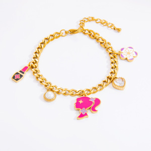 Bracelet À Breloques Pour Femme, Collection Romantique, Motif Floral Éclatant, Finition Huilée, Acier Inoxydable Chromé, Étanche, Couleur Or (1 Pièce). h5 Image6