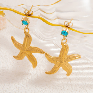 Boucles D'Oreilles Pendantes Pour Femme, Collection Romantique, Motif Étoile De Mer, En Acier Inoxydable Doré, Étanches, En Forme D'Étoile De Mer. 1 Paire h5 Image4