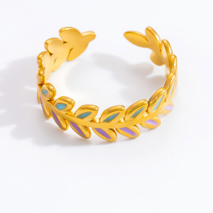 Bague Ajustable Pour Femme, En Acier Inoxydable Doré, Finition Huilée, Motif Branche D'Olivier, Collection Chromatic Series Vivid Olive Branch. h5 Image12