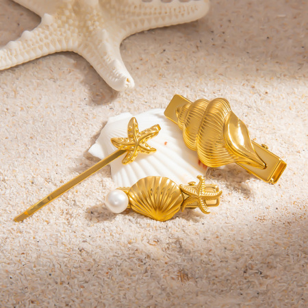 Pinces à cheveux pour femme en acier inoxydable couleur or, série romantique, motif tortue de vacances, 1 pièce 2