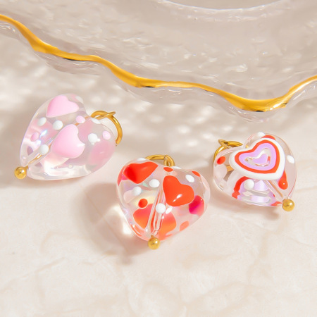 Pendentif femme en verre translucide et acier inoxydable, couleur or, en forme de cœur, collection romantique (1 pièce) 2