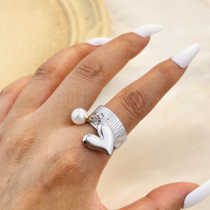 Bague Ajustable Pour Femme, Style Rétro, Motif Cœur Ondulé, En Acier Inoxydable Étanche (1 Pièce). h5 Image5