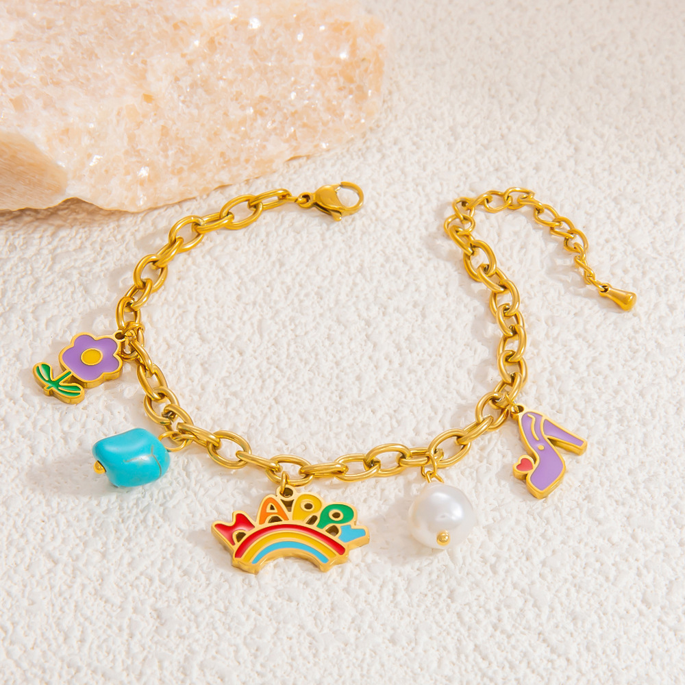 Bracelet À Breloques Pour Femme, Collection Romantique, Motif Floral Éclatant, Finition Huilée, Acier Inoxydable Chromé, Étanche, Couleur Or (1 Pièce). Image8