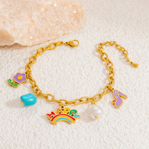 Bracelet À Breloques Pour Femme, Collection Romantique, Motif Floral Éclatant, Finition Huilée, Acier Inoxydable Chromé, Étanche, Couleur Or (1 Pièce). h5 Image8