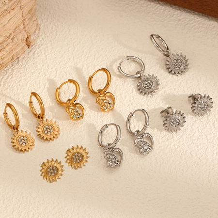1 paire de boucles d'oreilles pendantes pour femme, élégantes et raffinées, en forme de soleil, en acier inoxydable doré et zircon, de la collection Exquisite Series.