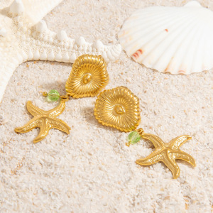 Boucles D'Oreilles Pendantes Pour Femme, Motif Coquillage, Collection Marine Series, En Acier Inoxydable Étanche Couleur Or (1 Paire). h5 Image6