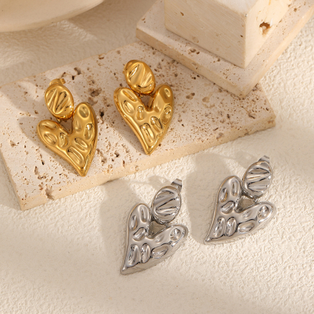 Boucles d'oreilles puces pour femme Designable Series Retro Heart en acier inoxydable martelé, imperméables, couleur or (1 paire) 2