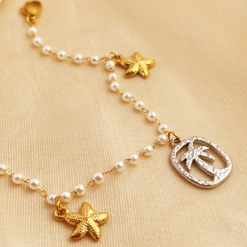 Bracelet À Perles Pour Femme, Collection Shinning Series Vacational Coconut Palm, En Acier Inoxydable Étanche, Couleur Or (1 Pièce). Image5