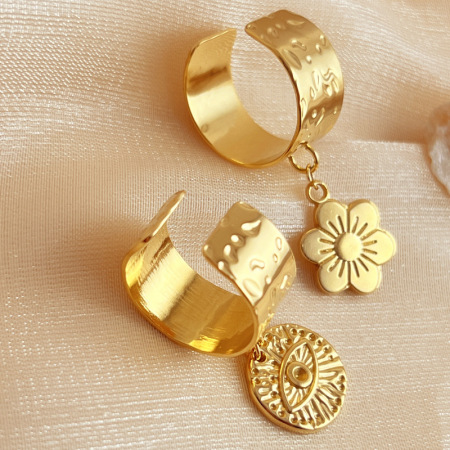 Bague ajustable pour femme, style rétro, en forme d'œil, en acier inoxydable étanche couleur or (1 pièce). 2