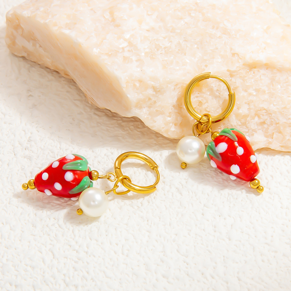 Boucles D'Oreilles Pendantes Pour Femme, Collection Délicate, En Verre Transparent, Motif Fruits, En Acier Inoxydable Étanche, Couleur Or (1 Paire). Image6