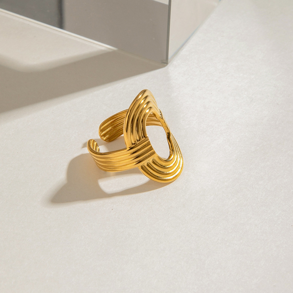 Bague Ajustable Pour Femme, Style Ovale, Élégante, En Acier Inoxydable, Couleur Or, Étanche, Collection Classique (1 Pièce). Image6