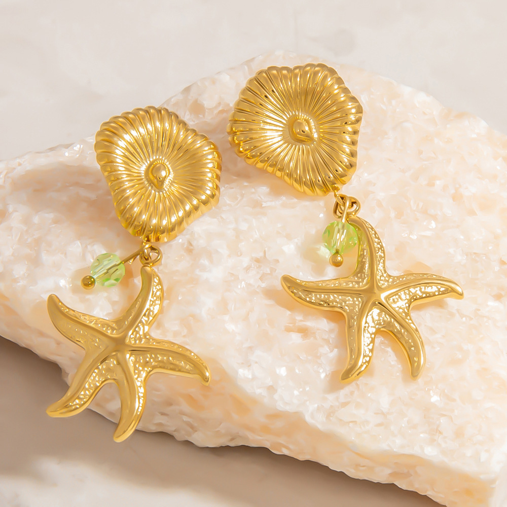 Boucles D'Oreilles Pendantes Pour Femme, Motif Coquillage, Collection Marine Series, En Acier Inoxydable Étanche Couleur Or (1 Paire). Image7
