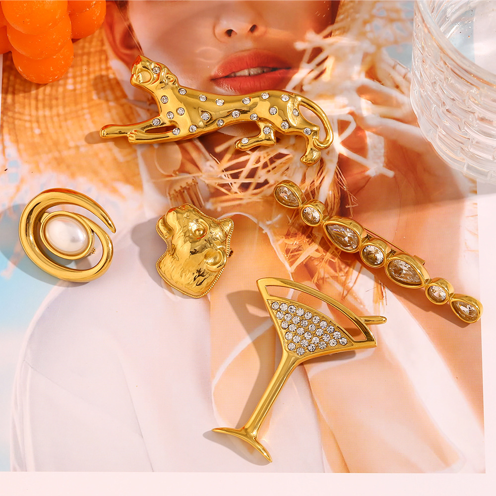 Broche Femme De Luxe, Collection Rétro, Motif Animal, En Acier Inoxydable, Couleur Or, Imperméable (1 Pièce) h5Image5