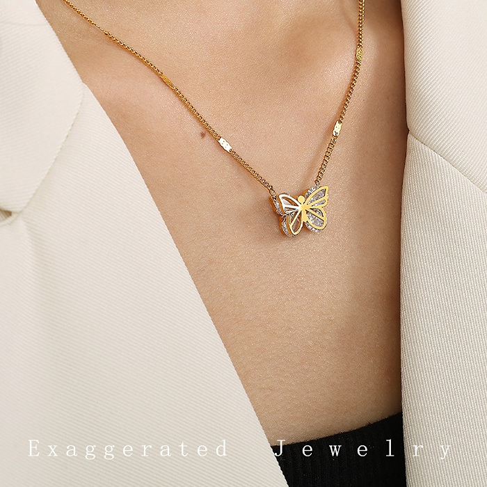 Collier Pendentif Femme En Forme De Papillon, Élégant Et Léger, En Acier Inoxydable Doré, Couleur Or, Collection Romantique (1 Pièce) Image5