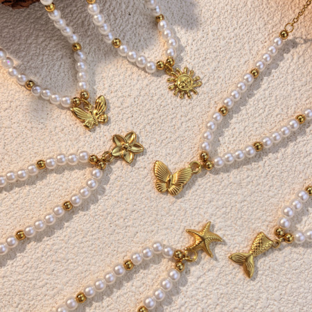 Collier de perles pour femme, collection Vacances, style rétro marin, en acier inoxydable, couleur or, étanche.