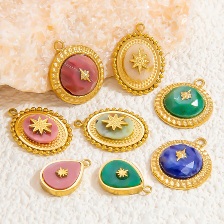 Pendentif femme style bohème rétro en forme d'étoile, orné d'une pierre naturelle chromatique, en acier inoxydable et étanche, couleur or (1 pièce)