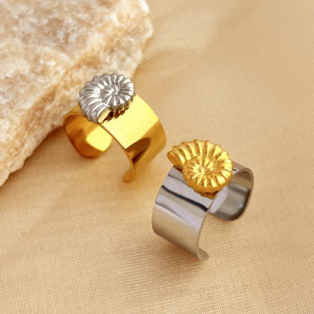 Bague ajustable pour femme, collection tendance, motif coquillage, en acier inoxydable, couleur or et argent. 2