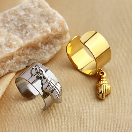 Bague ajustable pour femme, style élégant, en acier inoxydable doré, ornée d'un coquillage.