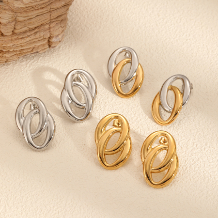 1 paire de boucles d'oreilles puces pour femme, collection Exquisite, double couche, rondes, en acier inoxydable étanche, couleur or.