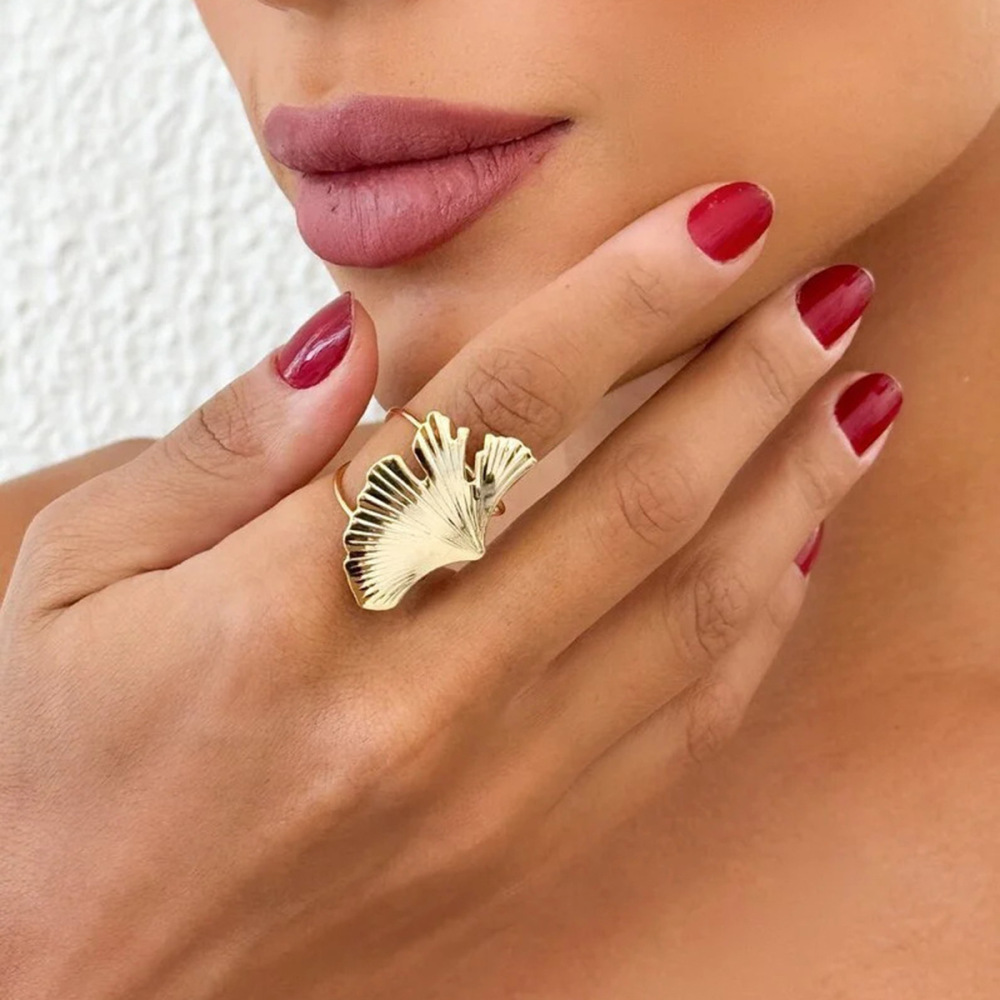 Bague Ajustable Pour Femme, En Acier Inoxydable Doré, Forme Feuille De Ginkgo Naturel, Collection Romantique (1 Pièce). h5Image6