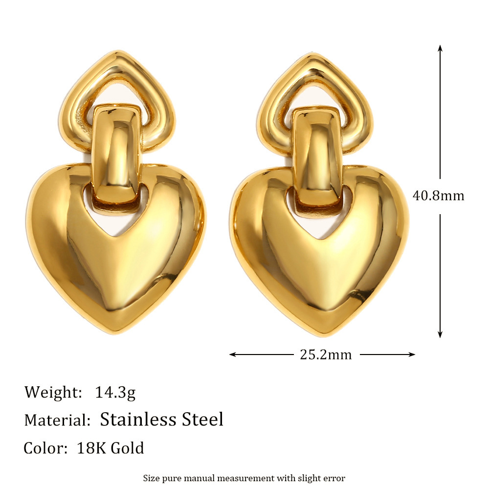 Boucles D'Oreilles Pendantes Pour Femme, Collection Romantique, En Forme De Cœur, En Acier Inoxydable Étanche, Couleur Or (1 Paire). Image9